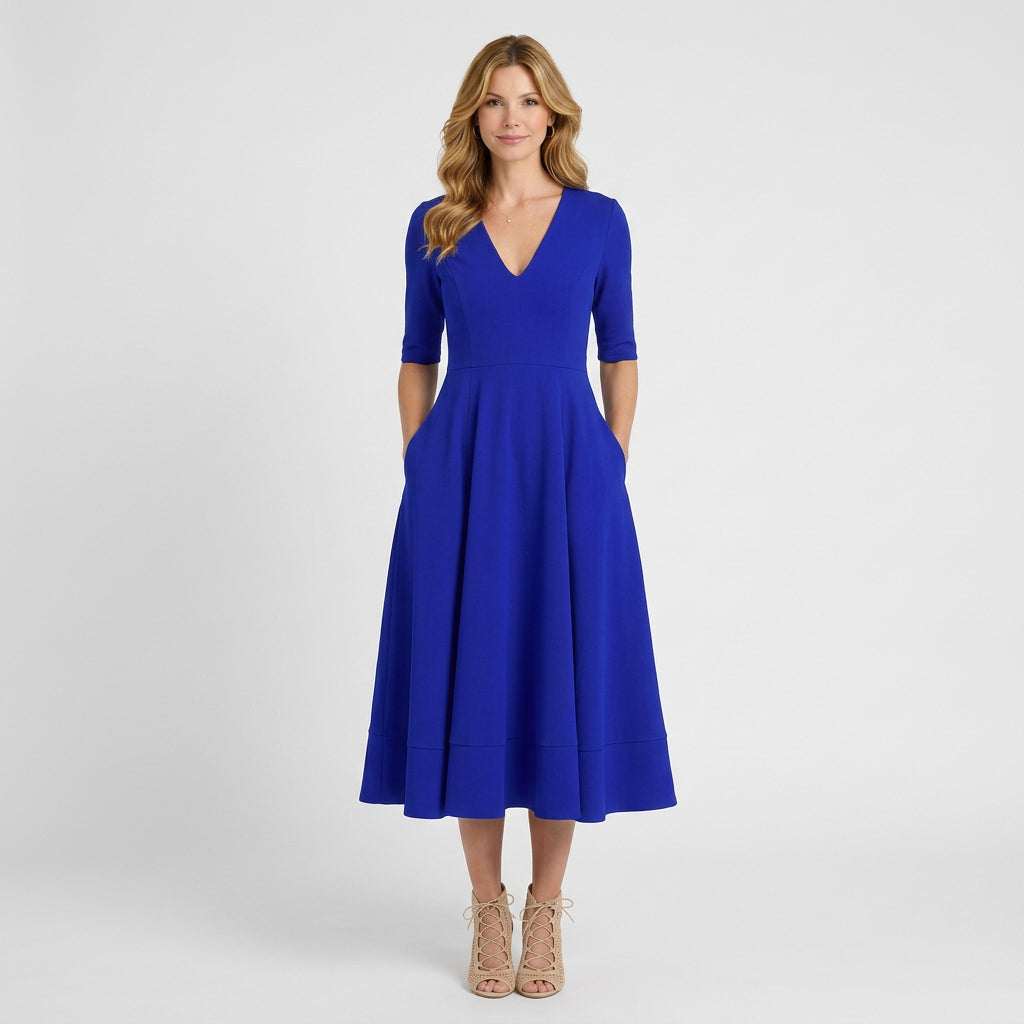 Women’s Midi Dress V Neck Fit and Flare – Short Sleeve Occasion Dress