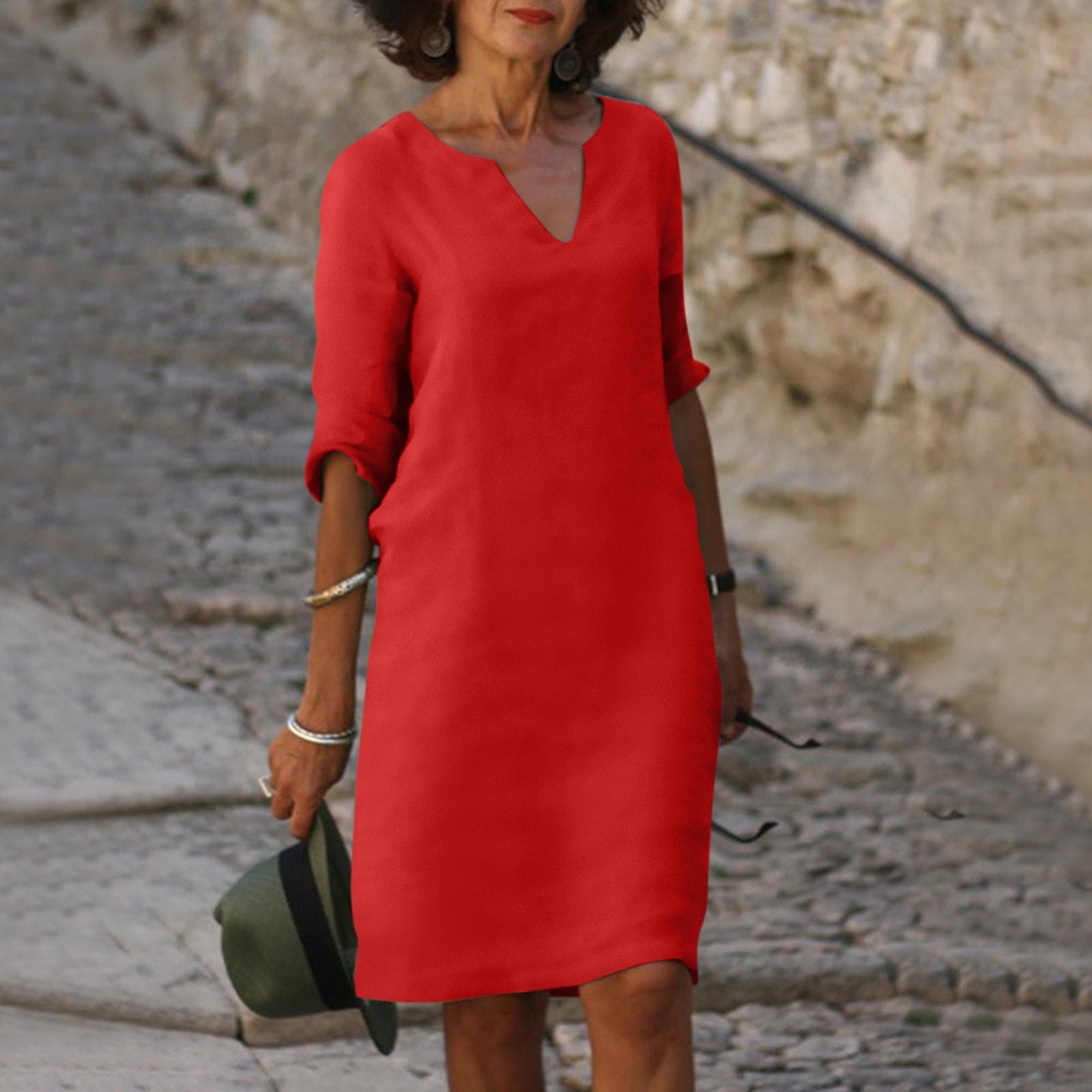 Notch V-Neck Linen Shift Dress with Roll-Up Sleeves