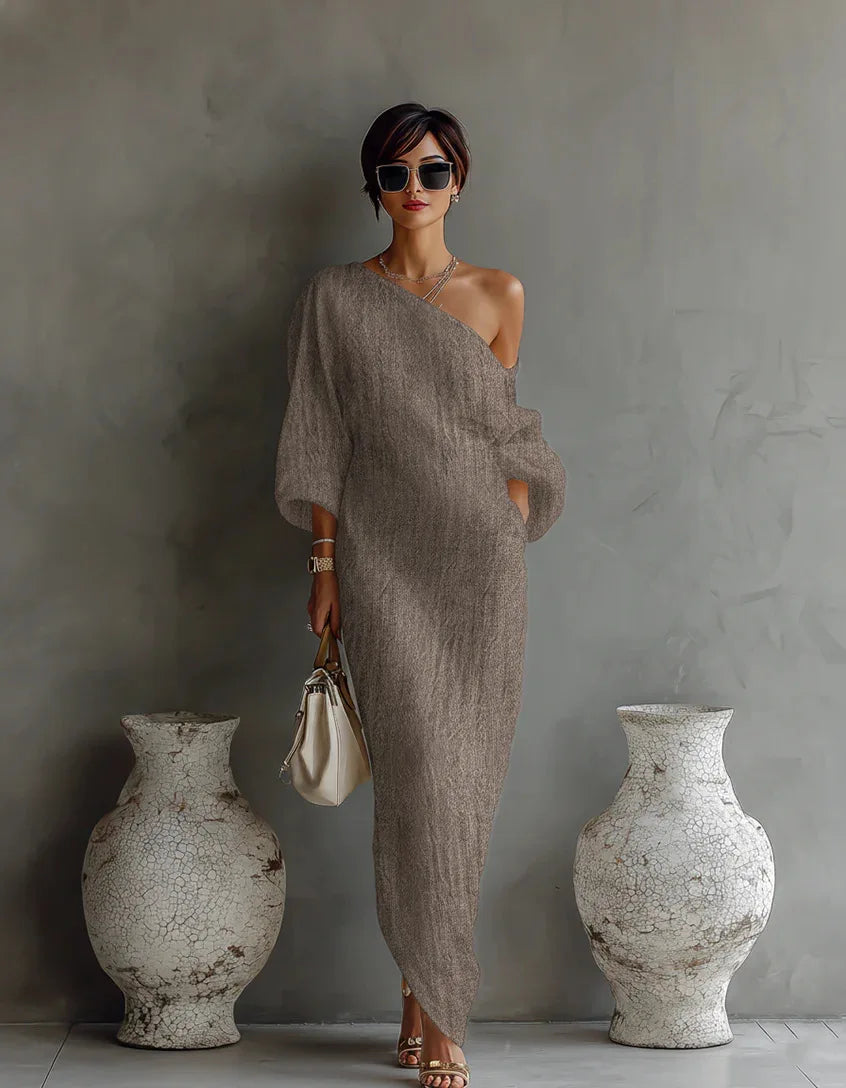 Asymmetric One-Shoulder Linen Blend Maxi Dress