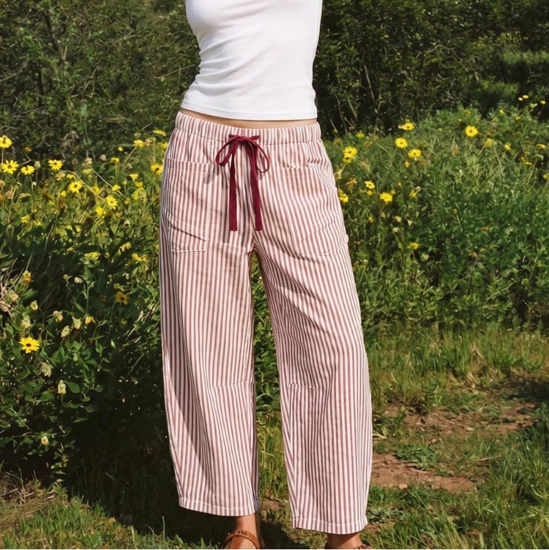 Striped Wide Leg Trousers with Contrast Drawstring