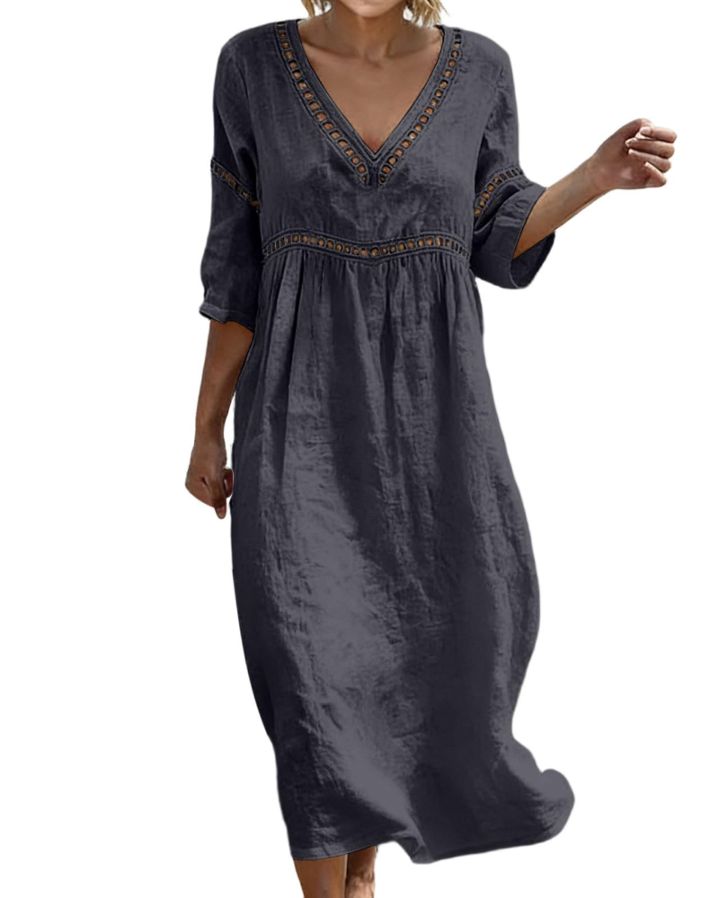 Linen Midi Dress with Hollow Out Trim and Flared Sleeves
