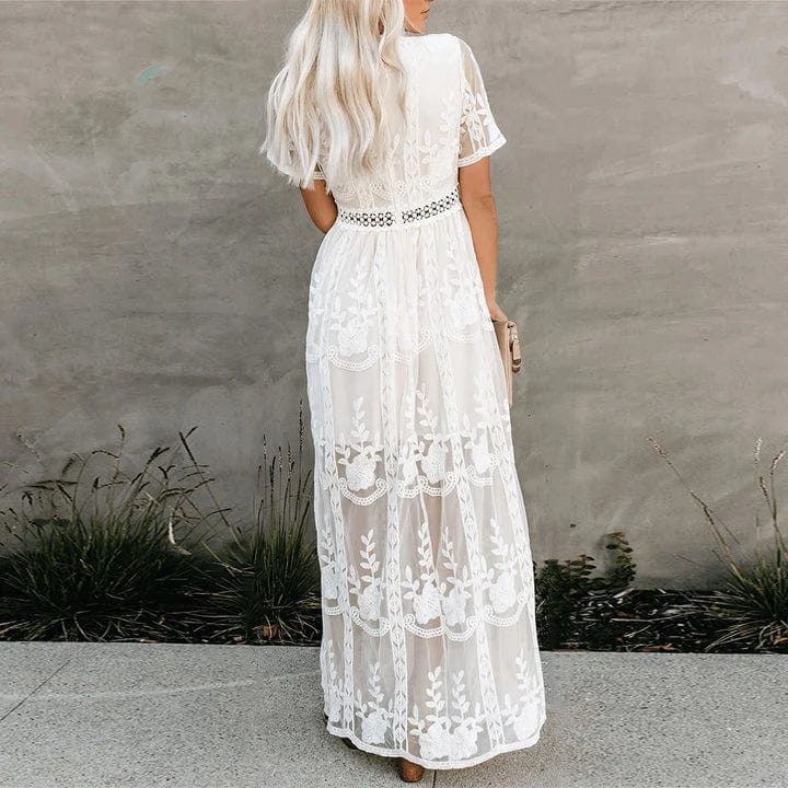 Embroidered Lace Maxi Dress with Crochet Waist Trim