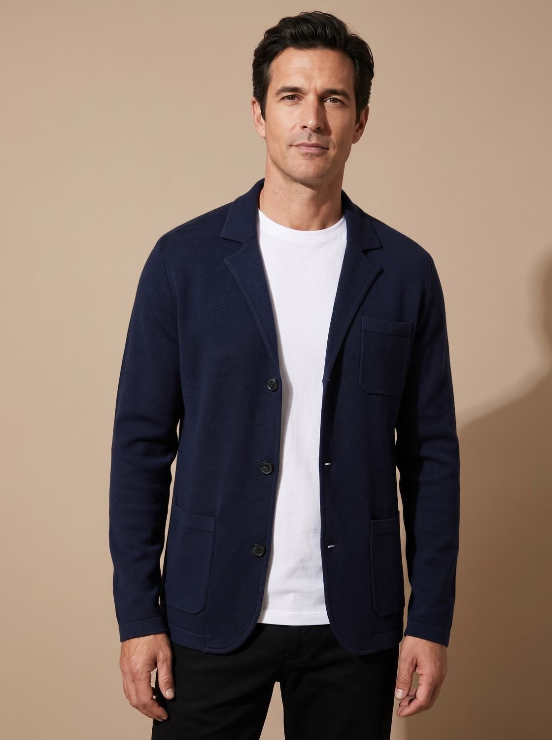 Men's textured knit blazer jacket with notch lapel, buttons and patch pockets