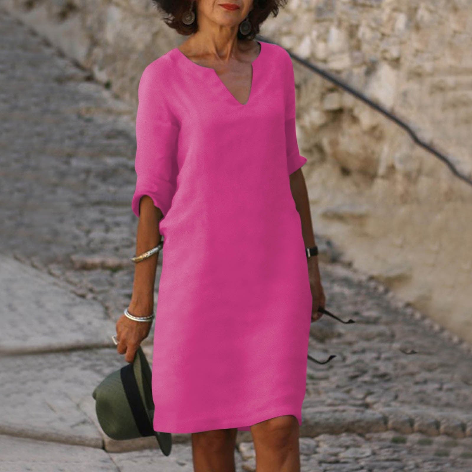 Notch V-Neck Linen Shift Dress with Roll-Up Sleeves