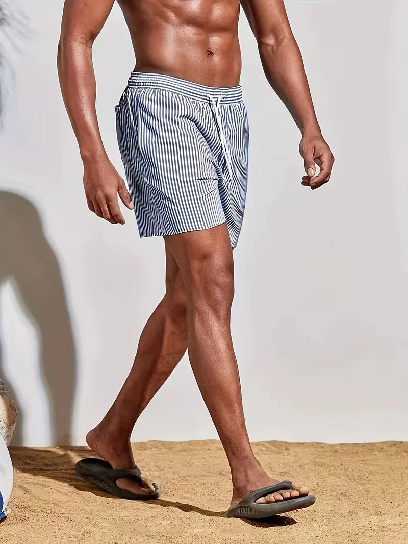 Striped Quick-Dry Swim Shorts with Drawstring Waist