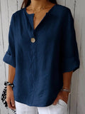 Notched V-Neck Single Button Oversized Blouse