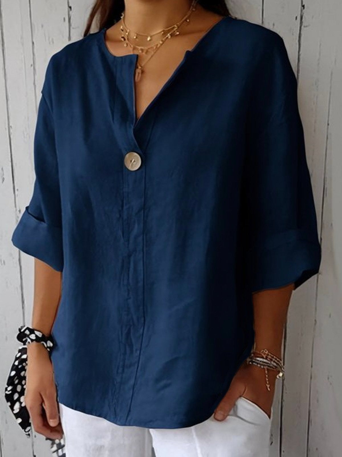 Notched V-Neck Single Button Oversized Blouse