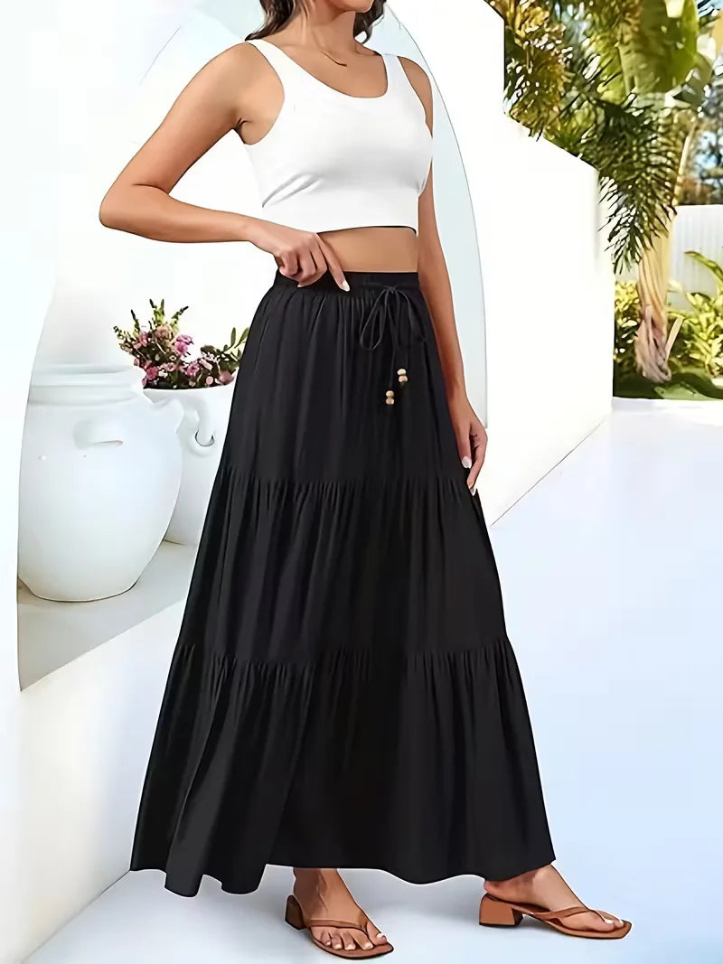 Tiered Maxi Skirt with Drawstring Tie Waist