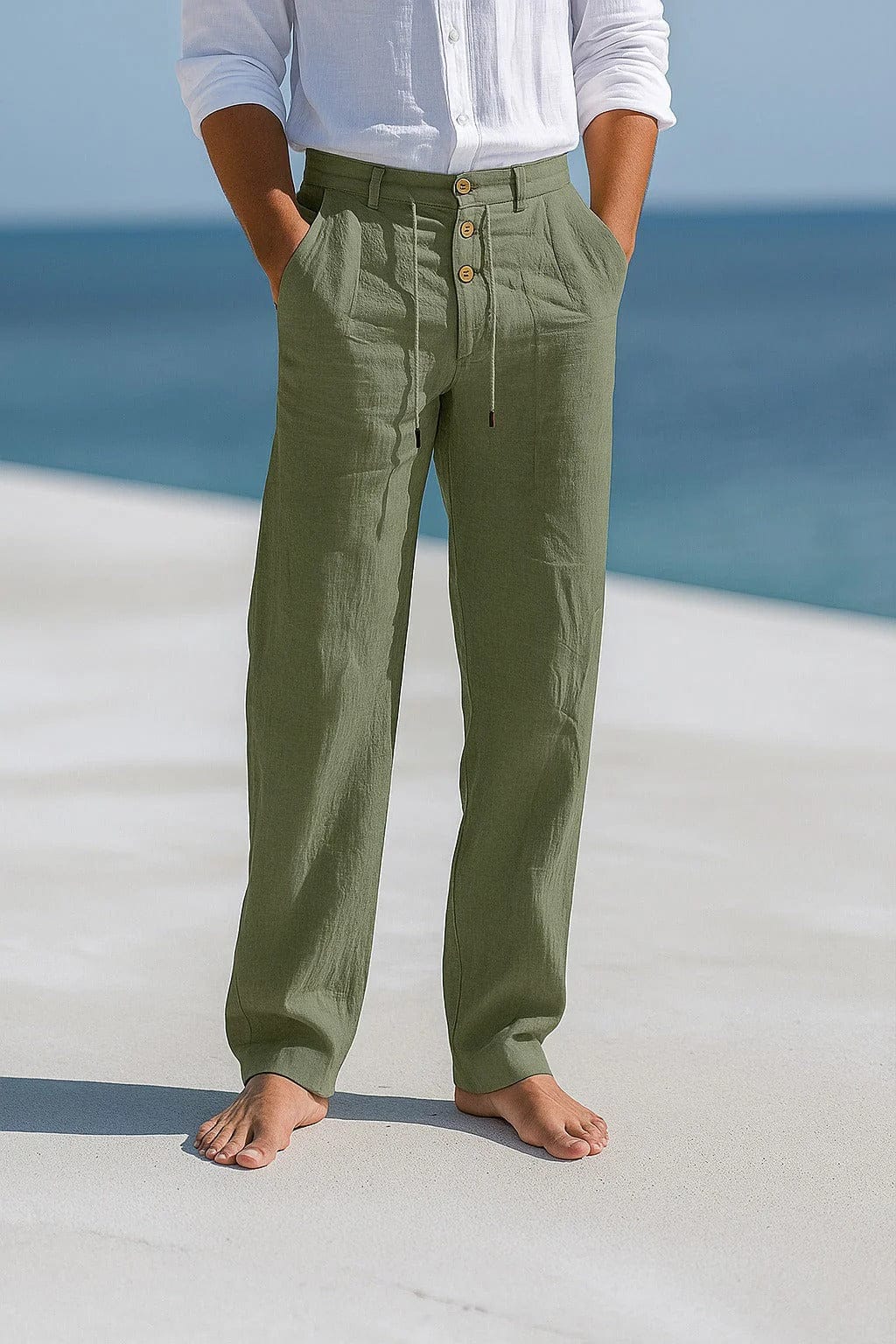 Pantalon droit en lin avec taille à cordon et boutons