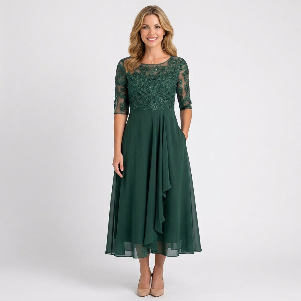 Lace Bodice Midi Dress – Sheer Sleeve Occasion Style