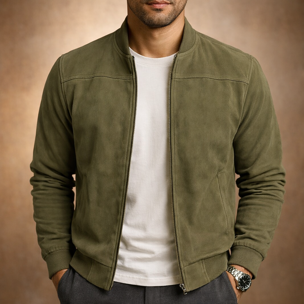 Men's Suede-Effect Ribbed Collar Bomber Jacket