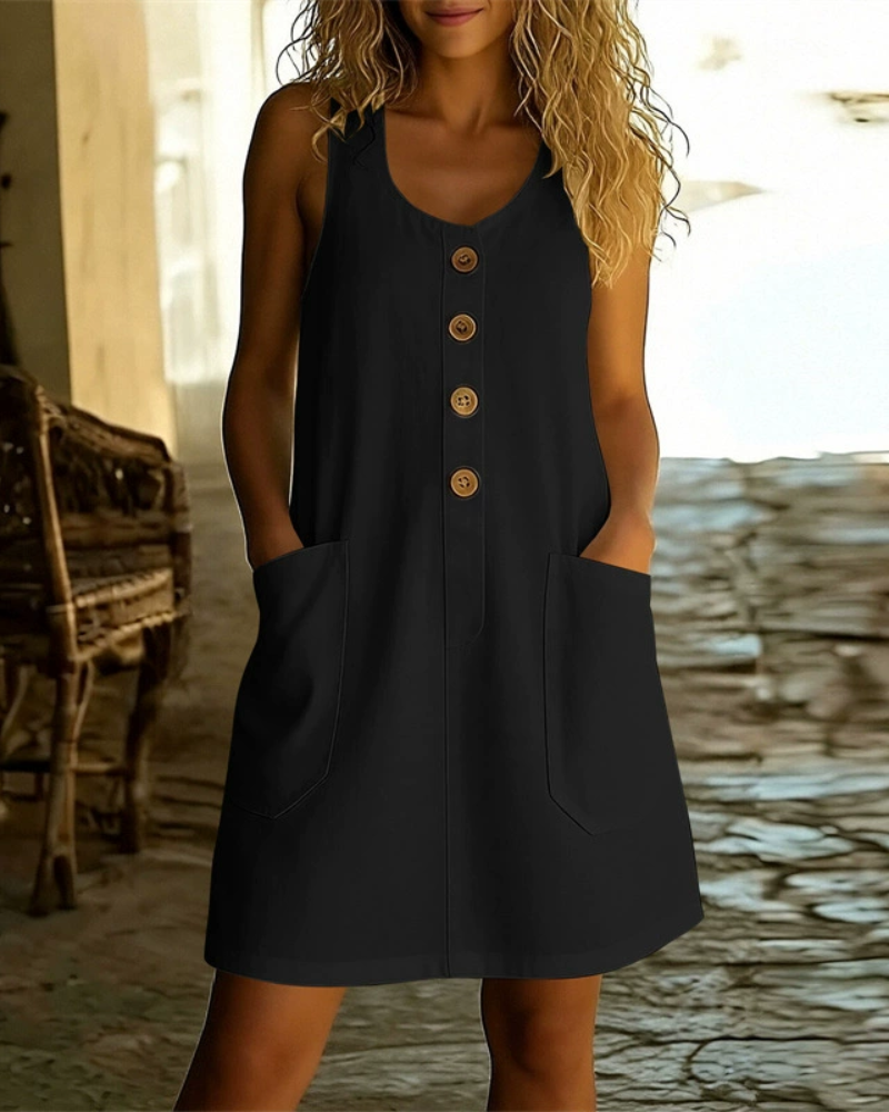 Robe trapèze sans manches boutonnée sur le devant, avec poches