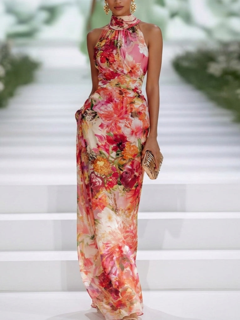 Robe longue drapée à imprimé floral et à encolure dos nu