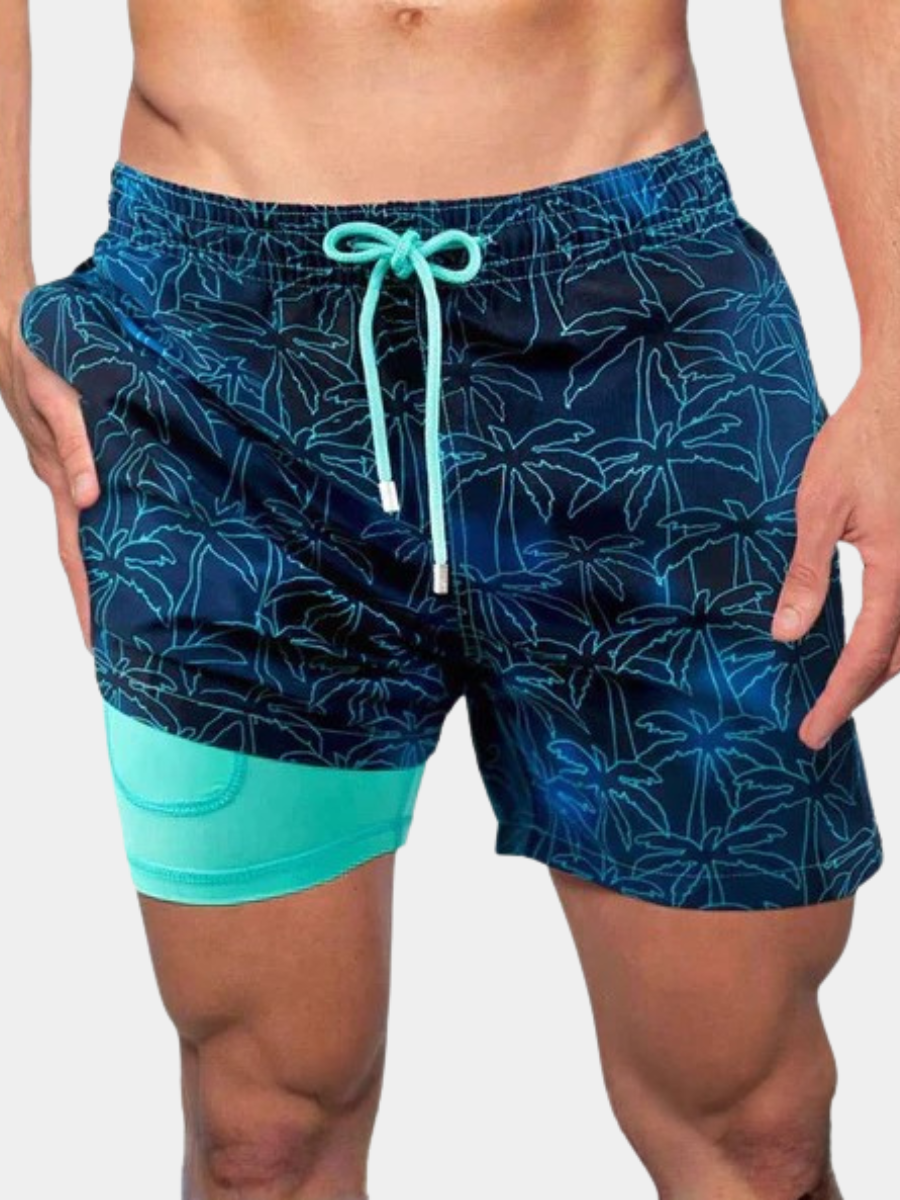 2-in-1 Palm Print Swim Shorts with Compression Liner