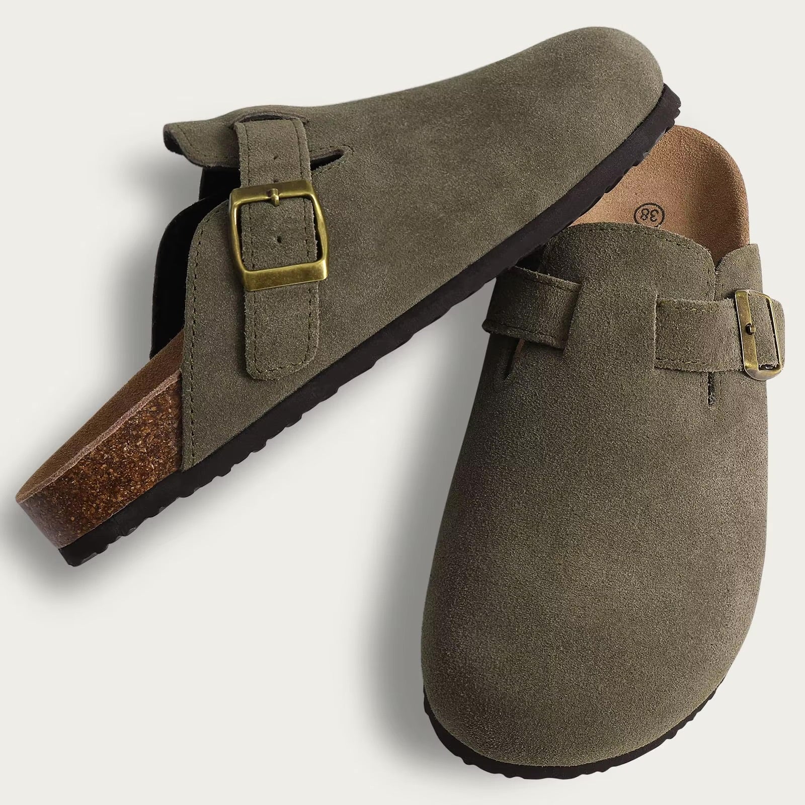 Suede Closed-Toe Clog Mules with Cork Footbed