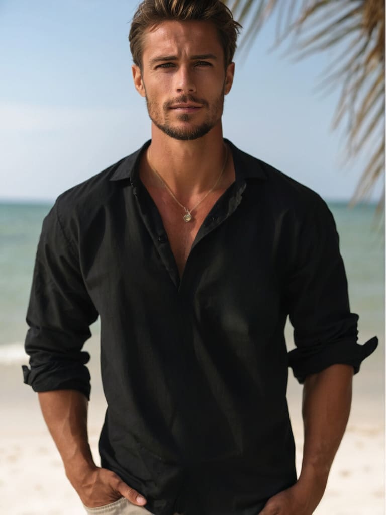 Linen Blend Long Sleeve Popover Shirt with Open Collar