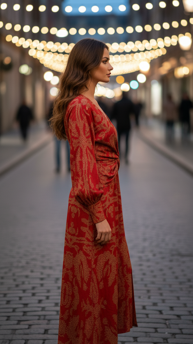 Robe midi imprimée pour femme, à col en V et devant torsadé