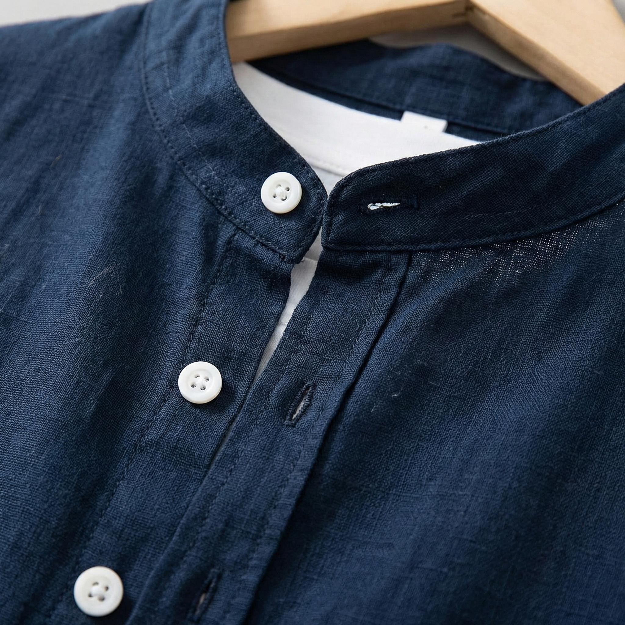 Long Sleeve Linen Shirt with Band Collar and Pocket