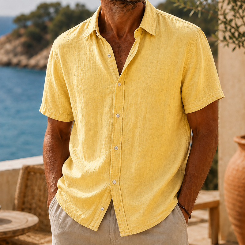 Short Sleeve Cotton Linen Shirt with Classic Collar