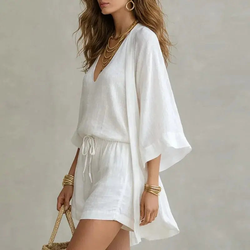 Ensemble trois pièces pour femme en lin : kimono, haut à col en V et short