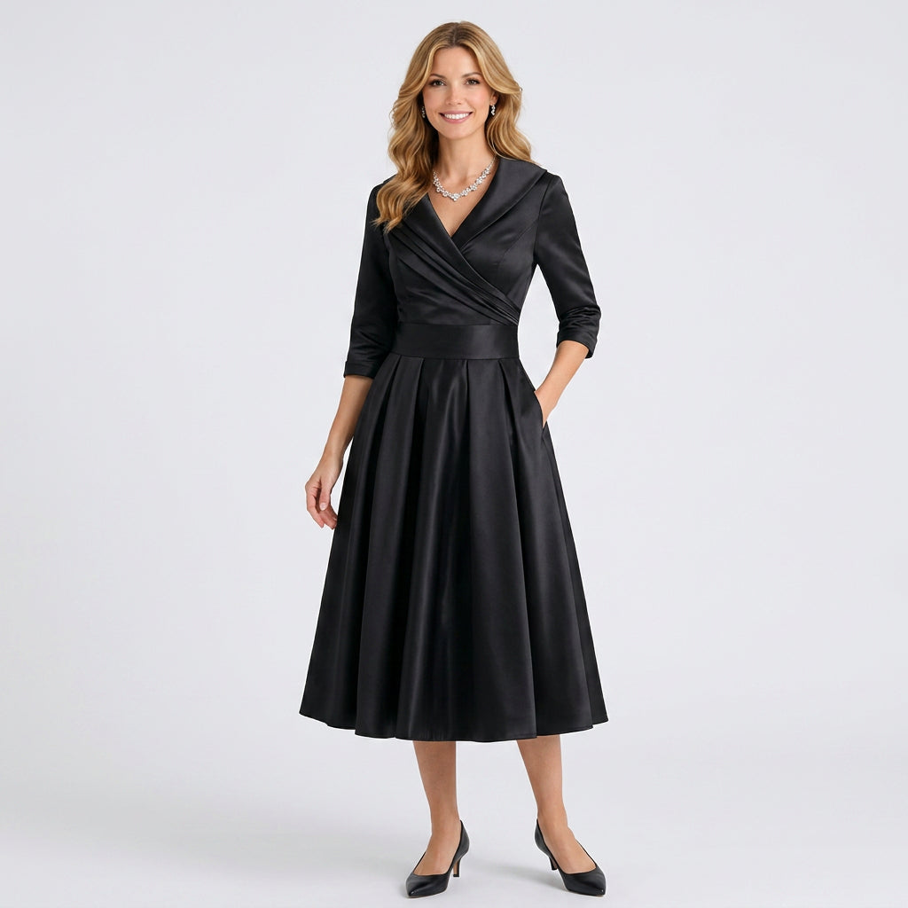 Wrap Bodice Midi Dress – Collared Full Skirt Occasion Style