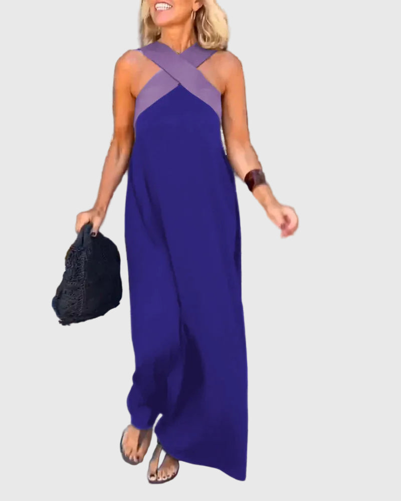 Criss Cross Halter Neck Contrast Maxi Dress