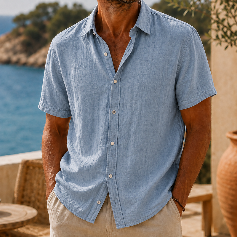 Short Sleeve Cotton Linen Shirt with Classic Collar