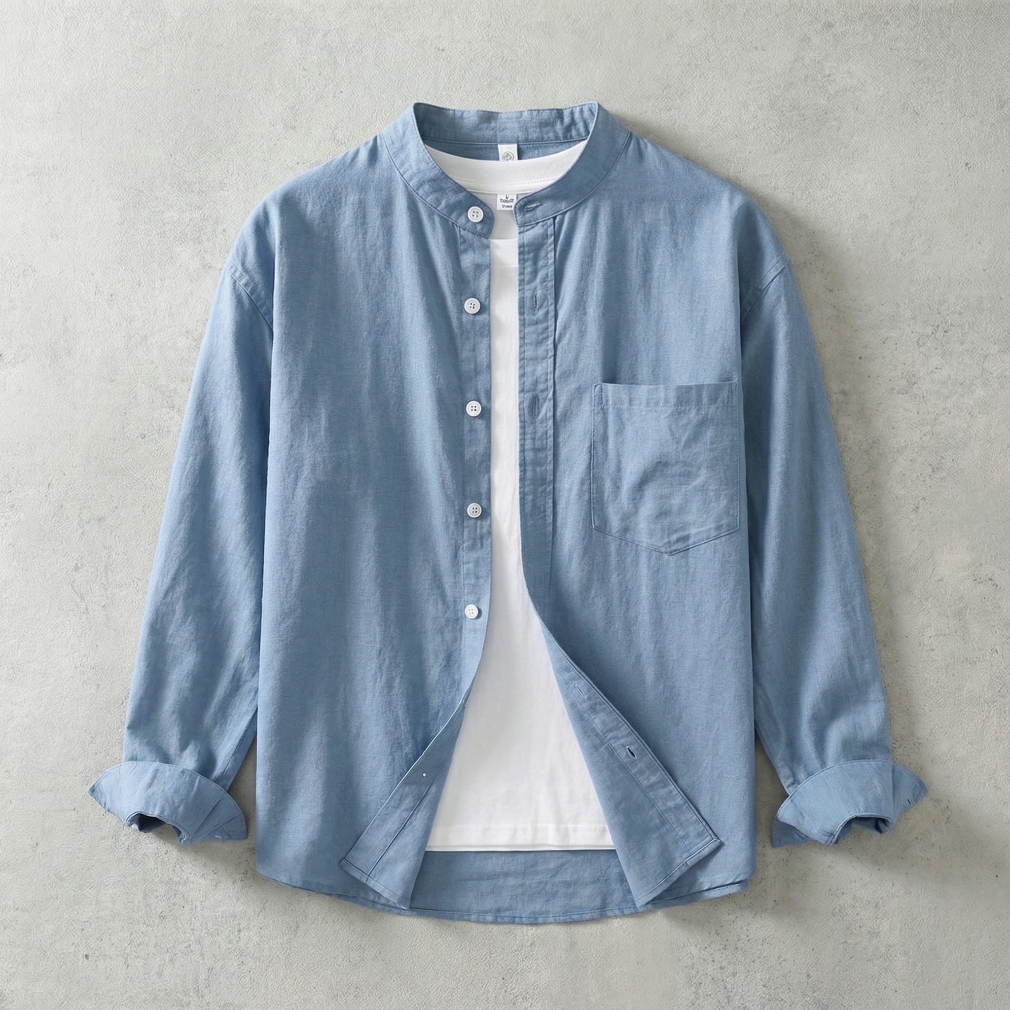 Long Sleeve Linen Shirt with Band Collar and Pocket