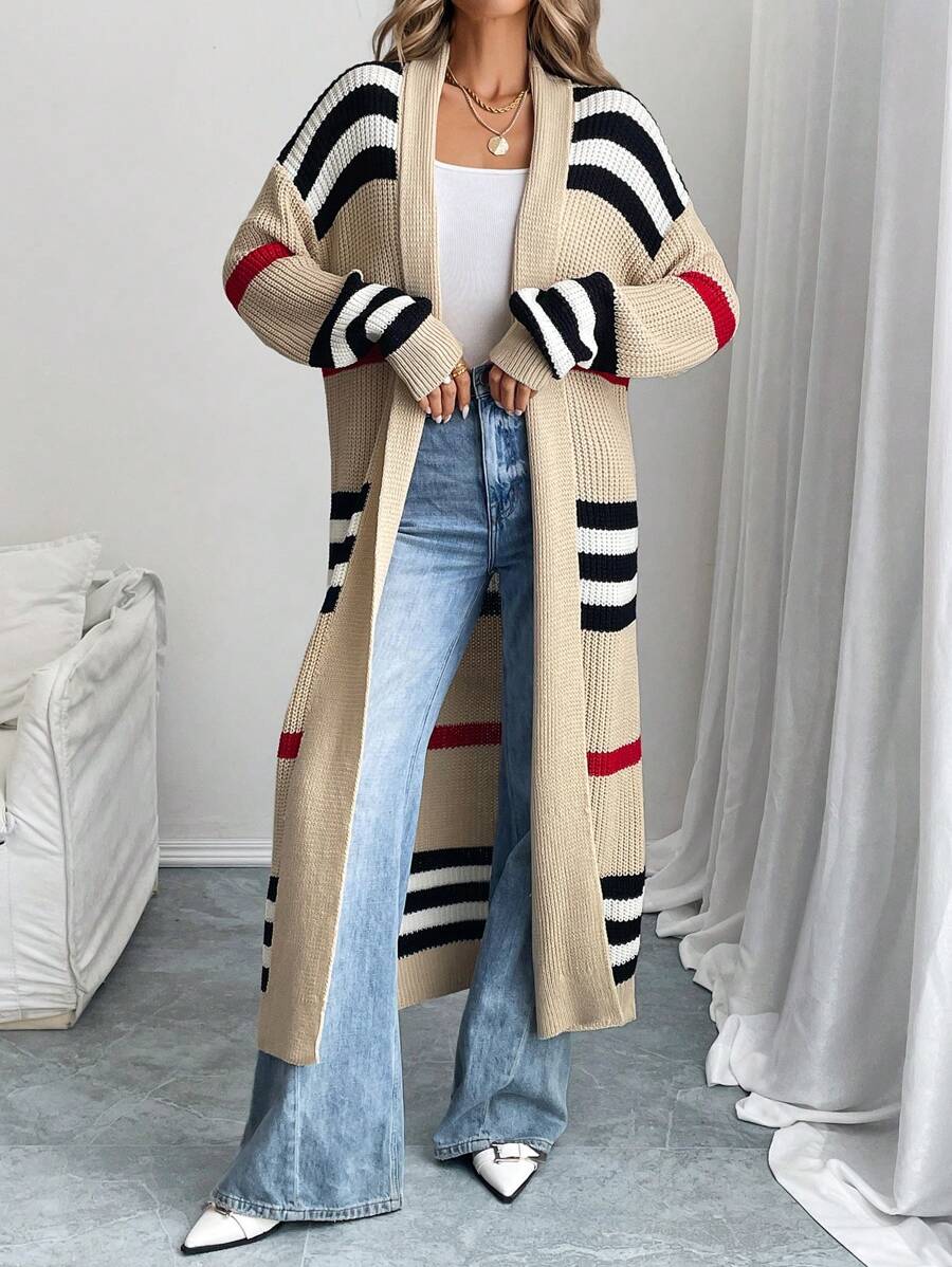 Women's Striped Colour Block Open Front Maxi Cardigan