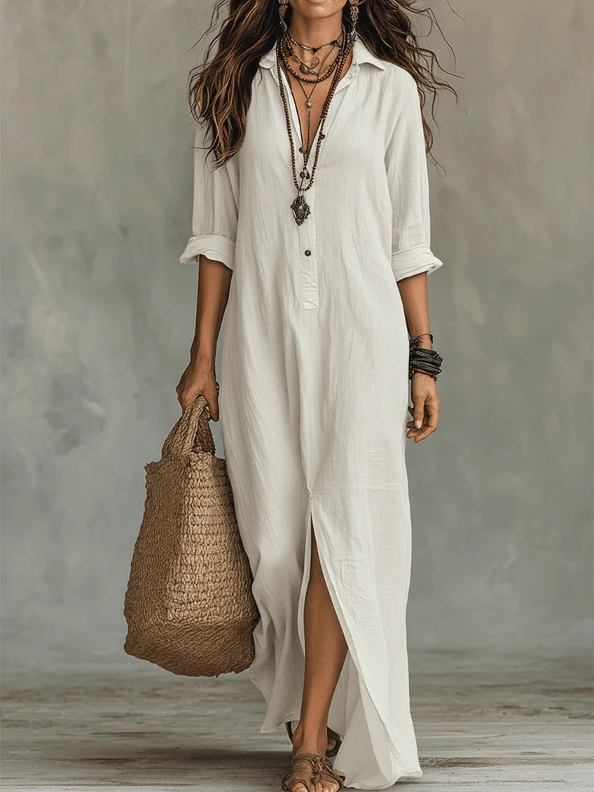Robe-chemise longue fendue à col, boutonnée sur le devant