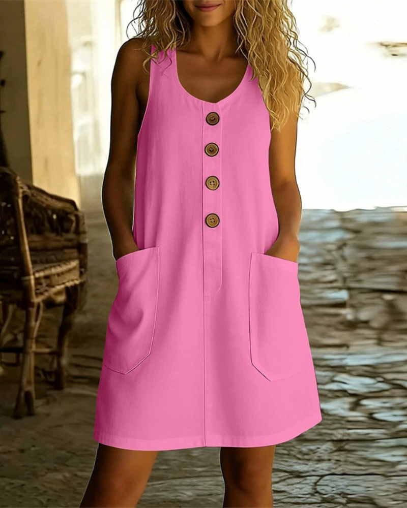 Robe trapèze sans manches boutonnée sur le devant, avec poches