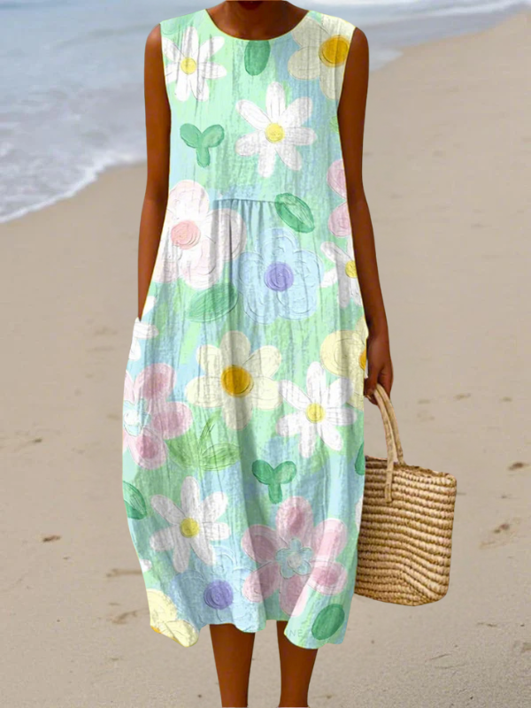 Abstract Print Sleeveless Midi Dress with Side Pockets