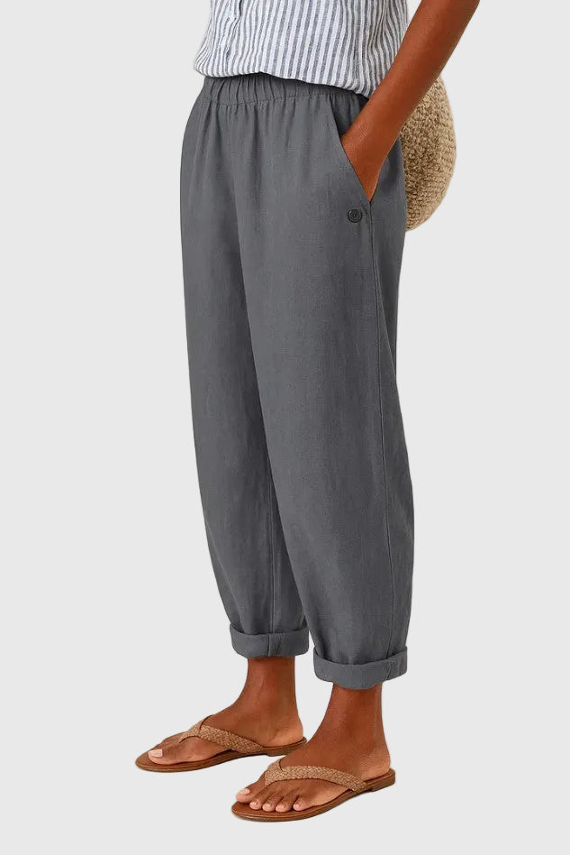 Relaxed Tapered Linen Trousers with Turn-Up Hem