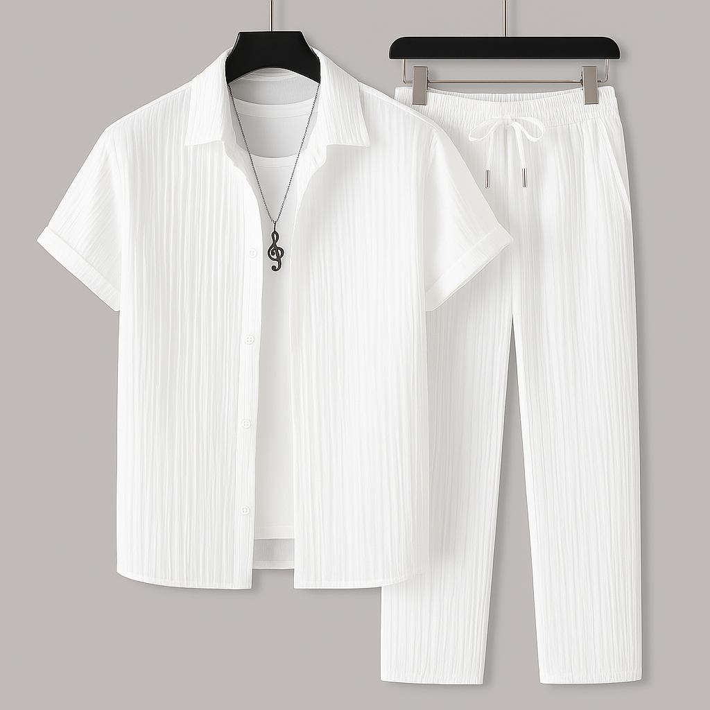 Ribbed Short Sleeve Shirt and Trousers Two Piece Set