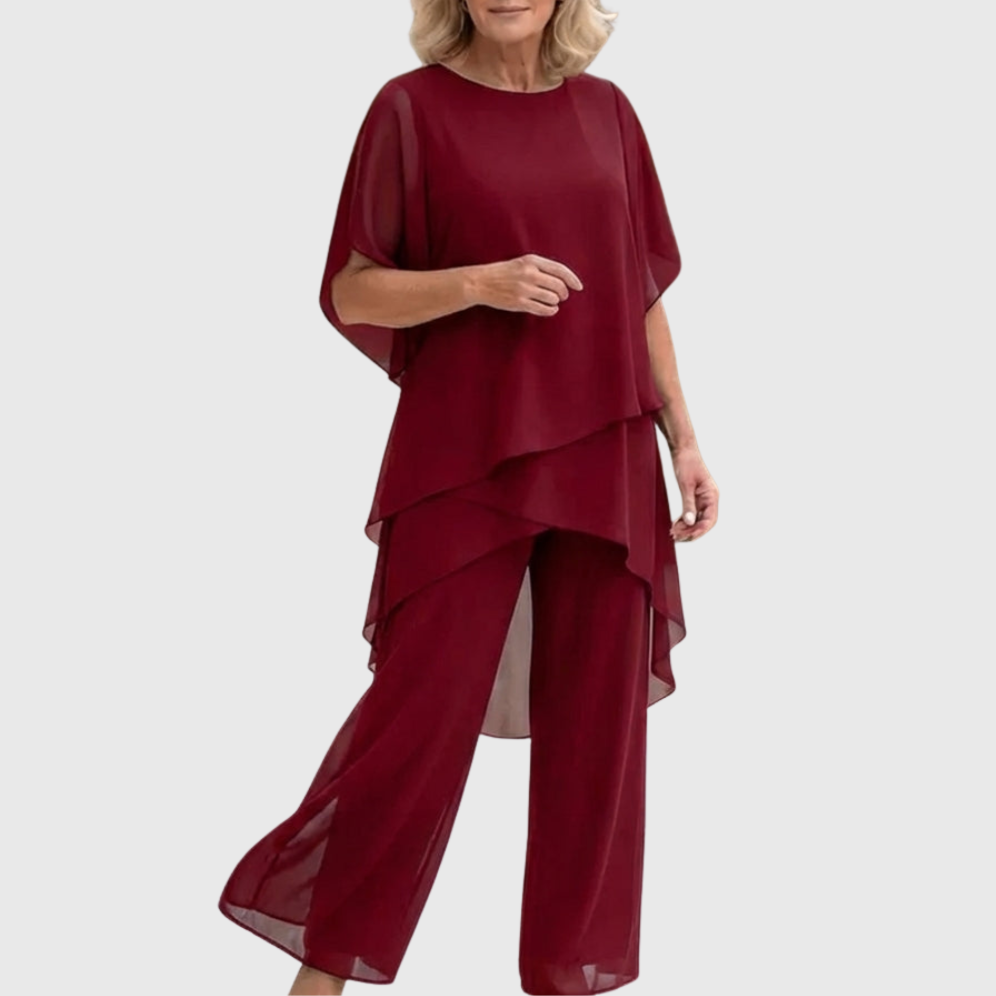Ensemble haut à manches cape en mousseline étagée et pantalon