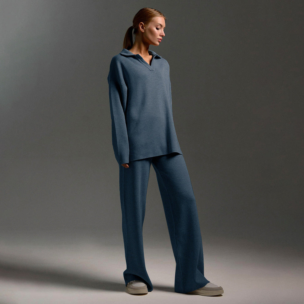 Women's Oversized Knit Set with Polo Collar