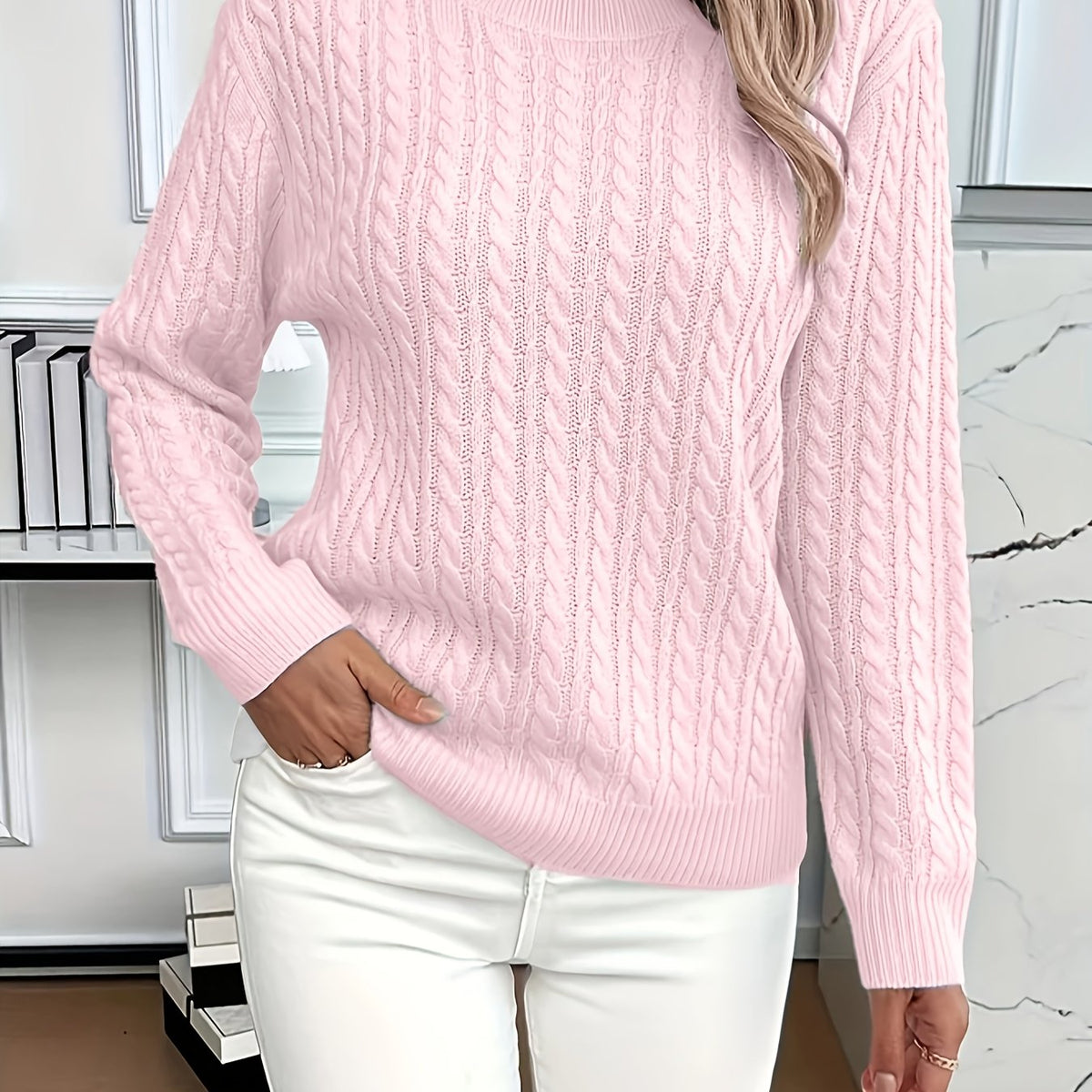 Women's Classic Cable Knit Mock Neck Jumper