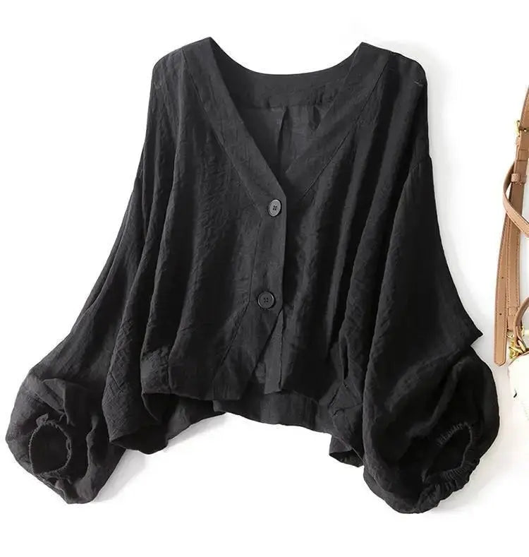 Women's Oversized V-Neck Balloon Sleeve Linen Blouse