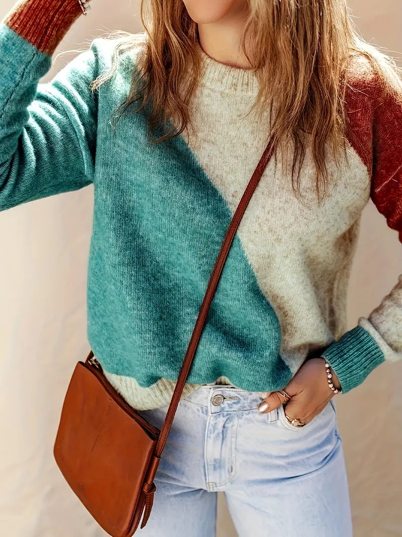 Women's geometric colour block crew neck sweater with long sleeves