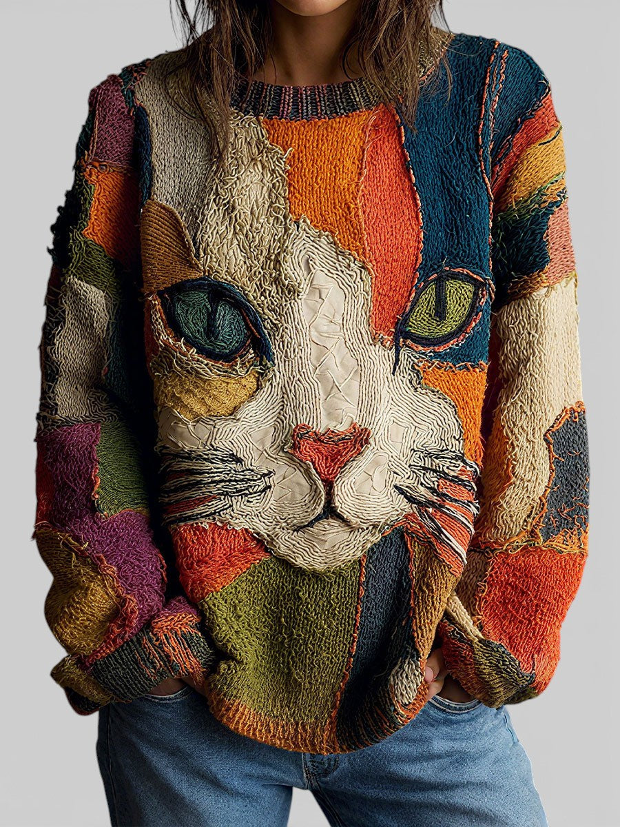 Women's Cat Print Colorblock Crew Neck Sweater