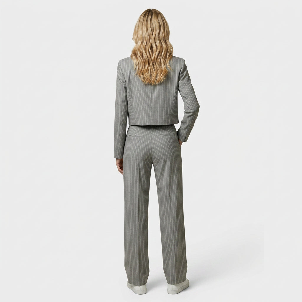 Suit Set – Pinstripe Cropped Blazer and Wide Leg Trousers