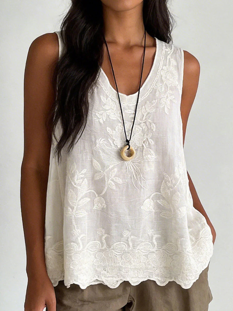 Embroidered Floral Scoop Neck Sleeveless Tank Top
