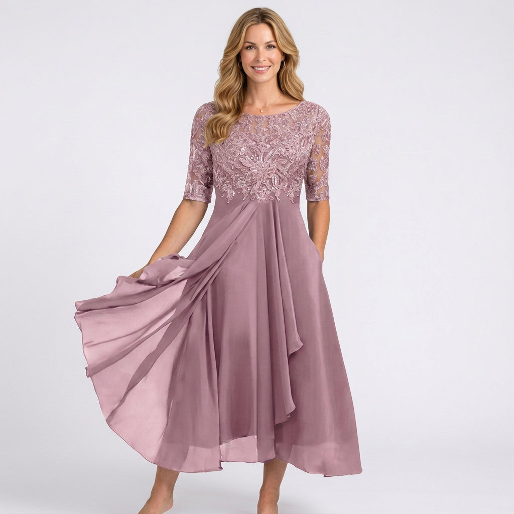 Lace Bodice Midi Dress – Sheer Sleeve Occasion Style