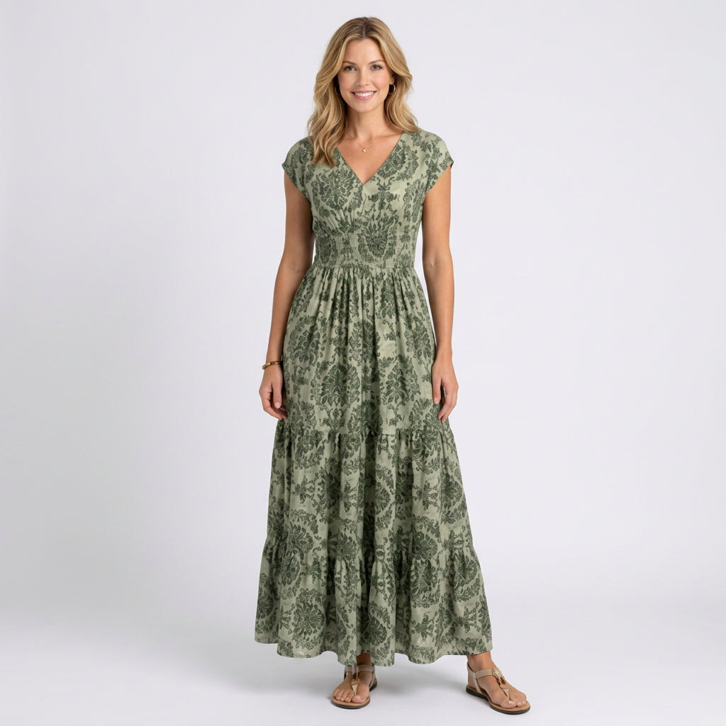 Printed Maxi Dress – V-Neck Cap Sleeve Fit & Flare Style