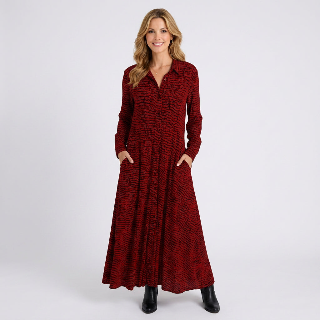 Women’s Printed Maxi Shirt Dress – Collared Button Front Pocket Style