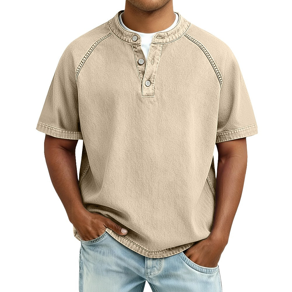 Oversized Washed Henley T-Shirt with Raglan Sleeves