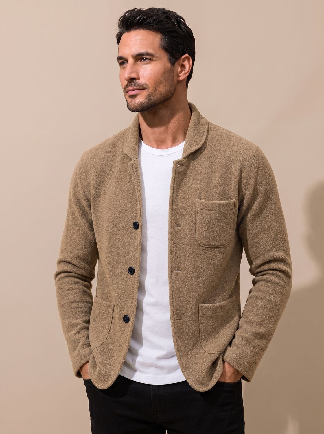 Men's textured knit blazer jacket with notch lapel, buttons and patch pockets