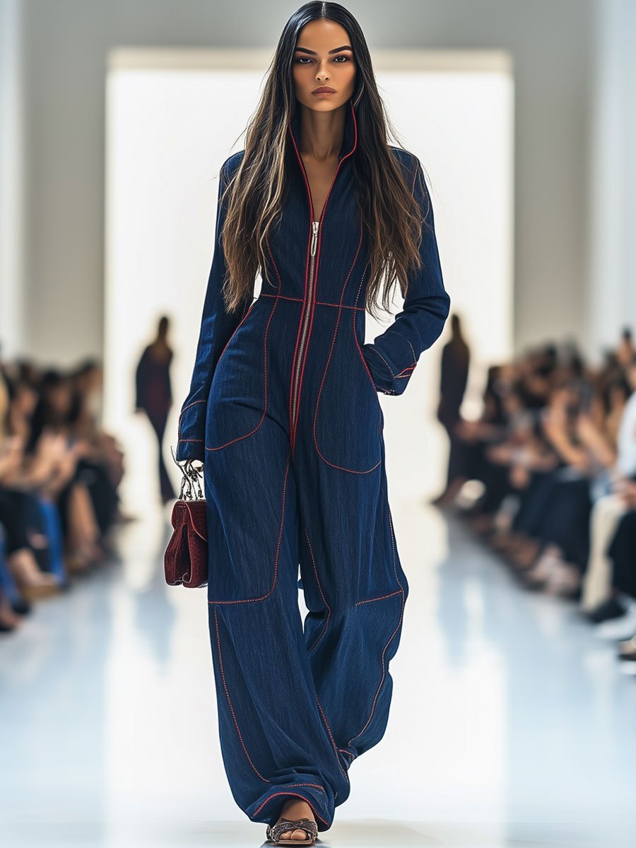 Denim Wide Leg Jumpsuit with Contrast Stitch Front Zip
