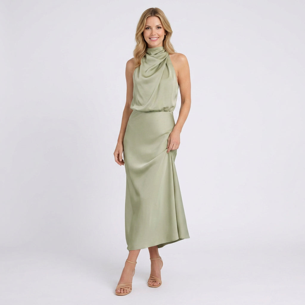 Halter Neck Midi Dress – Draped Satin Occasion Style