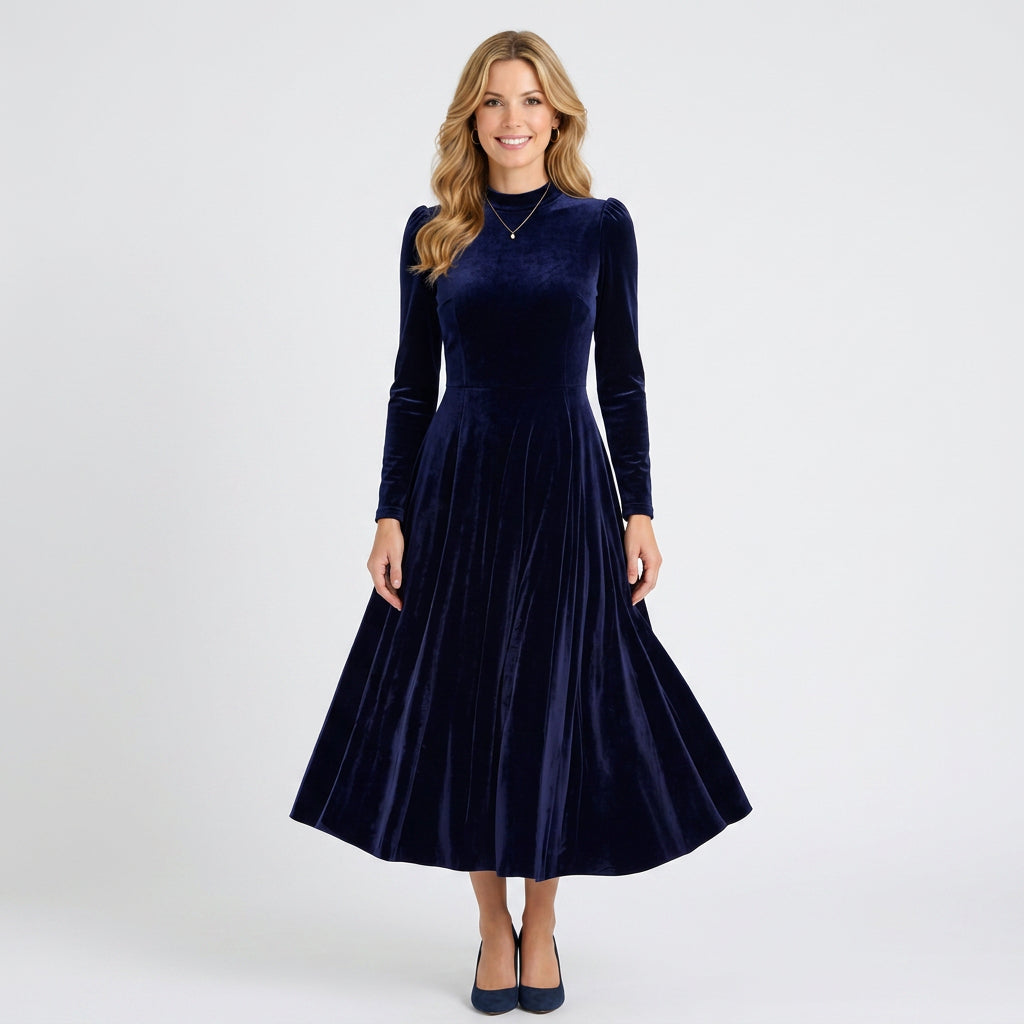 Velvet Midi Dress – High Neck Long Sleeve Occasion Style